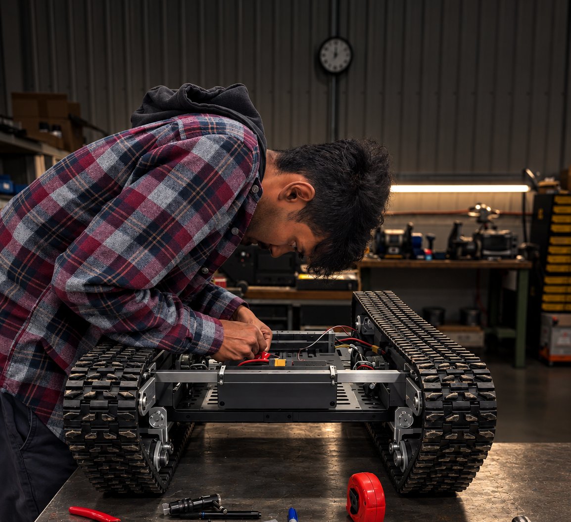 Technician wiring the FeralX unmanned ground vehicle chassis